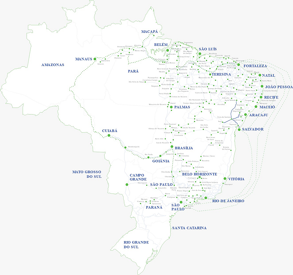Mapa de cobertura JCM TELCOM no Brasil